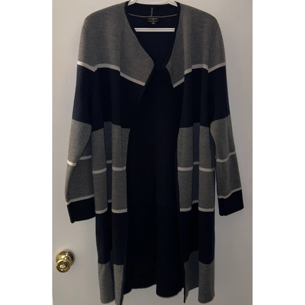 Talbots Women 1XL Merino Wool Long Sleeve‎ Open Front Striped Cardigan Sweater
